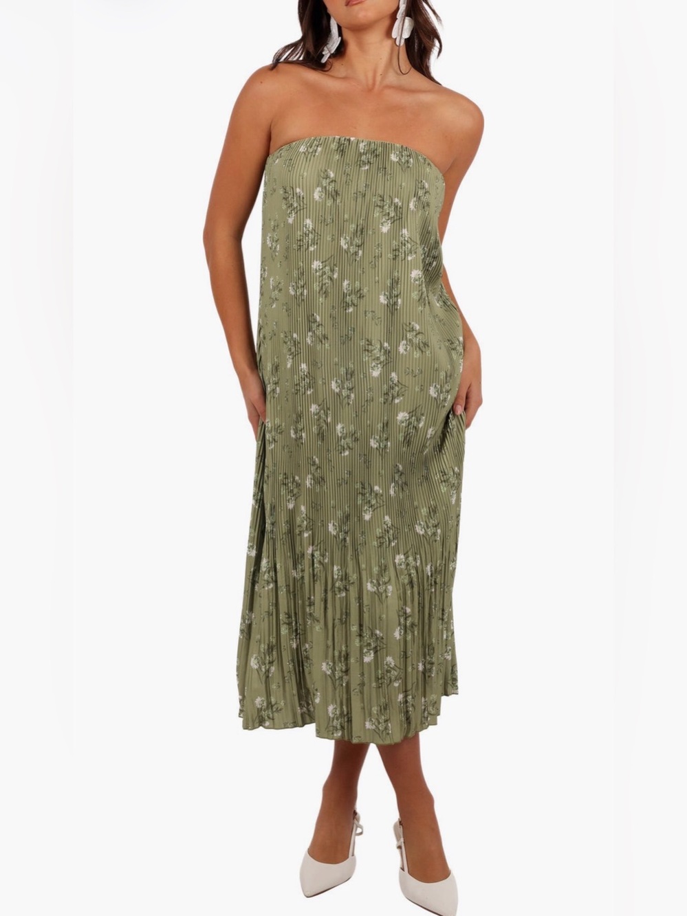 Petal & Pup Sylvie Strapless Plissé Midi Dress in Sage Botanica